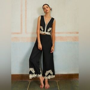 Commense Elegant Black and White Embroidered Vest and Pants Set